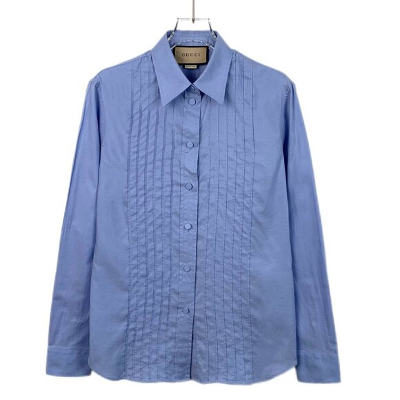 Gucci Womens Light Blue Pleated Front Long-Sleeve Cotton Shirt Size 38 Made In I - Picture 1 of 8